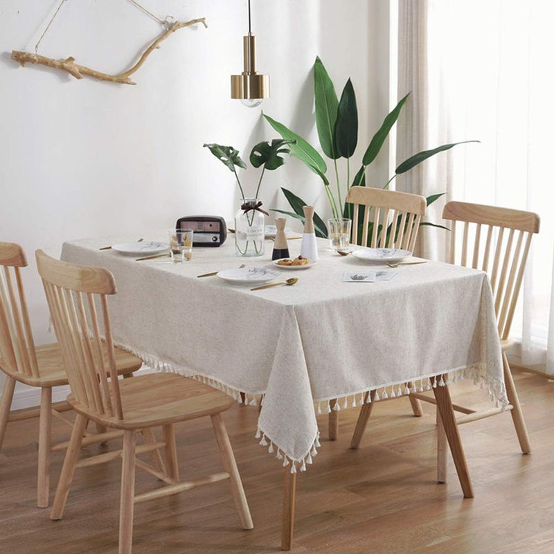 AMZALI Washable Cotton Linen Tablecloths Fabric Tassel Tablecloth Dust-Proof Table Cover for Kitchen Dinning Tabletop Home Decoration Everyday Use (Rectangle/Oblong, 55 x 102 Inch, Linen) - Image 3