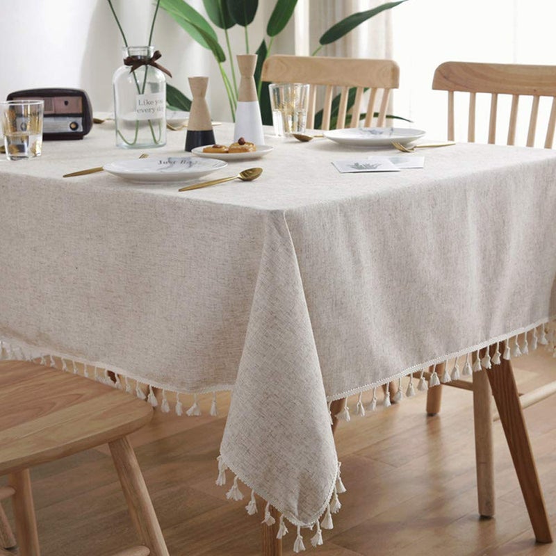 AMZALI Washable Cotton Linen Tablecloths Fabric Tassel Tablecloth Dust-Proof Table Cover for Kitchen Dinning Tabletop Home Decoration Everyday Use (Rectangle/Oblong, 55 x 102 Inch, Linen) - Image 5
