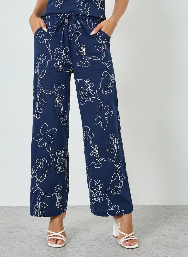 Styli Navy Blue Embroidered Wide Leg Pants