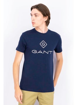 GANT Men Crew Neck Short Sleeve Brand Logo T-shirt, Navy  - Image 1