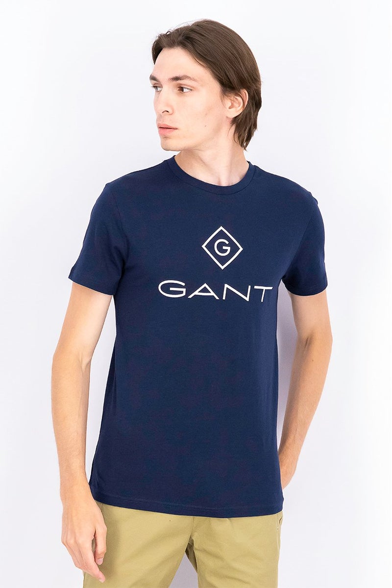 GANT Men Crew Neck Short Sleeve Brand Logo T-shirt, Navy - Image 1