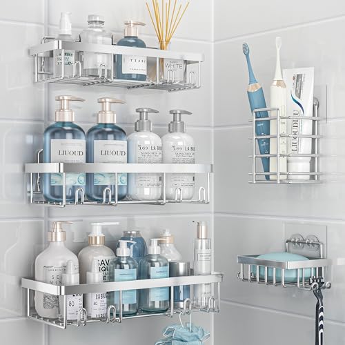 Liuoud 5 Pack Shower Caddy Organizer Rack Shelf for Inside Shower, Self Adhesive Bathroom Wall Storage Basket Rustproof Stainless Steel Large Capacity Shampoo Holder, Silver - Image 1