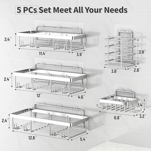 Liuoud 5 Pack Shower Caddy Organizer Rack Shelf for Inside Shower, Self Adhesive Bathroom Wall Storage Basket Rustproof Stainless Steel Large Capacity Shampoo Holder, Silver - Image 5