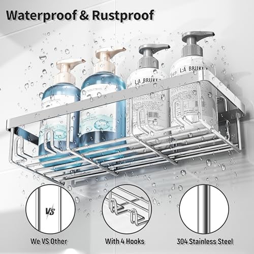Liuoud 5 Pack Shower Caddy Organizer Rack Shelf for Inside Shower, Self Adhesive Bathroom Wall Storage Basket Rustproof Stainless Steel Large Capacity Shampoo Holder, Silver - Image 4