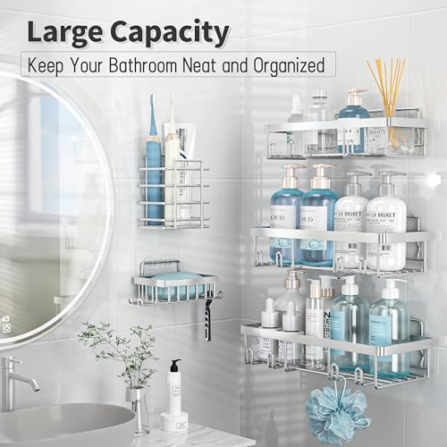Liuoud 5 Pack Shower Caddy Organizer Rack Shelf for Inside Shower, Self Adhesive Bathroom Wall Storage Basket Rustproof Stainless Steel Large Capacity Shampoo Holder, Silver - Image 2