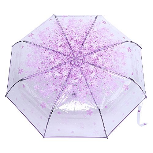 Plplaaoo Cherry Blossom Transparent Folding Umbrella – Three Fold Travel Umbrella – Cute Sakura Umbrella for Women, Girls, Students – Lightweight Rain & Sunshade (Purple) - Image 3