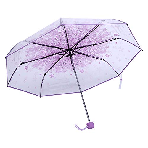 Plplaaoo Cherry Blossom Transparent Folding Umbrella – Three Fold Travel Umbrella – Cute Sakura Umbrella for Women, Girls, Students – Lightweight Rain & Sunshade (Purple) - Image 1