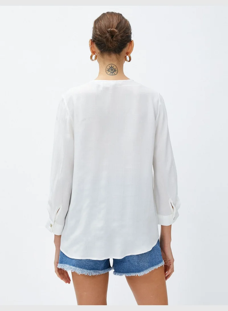 كوتون V Neck 3/4 Sleeve Viscose Blouse