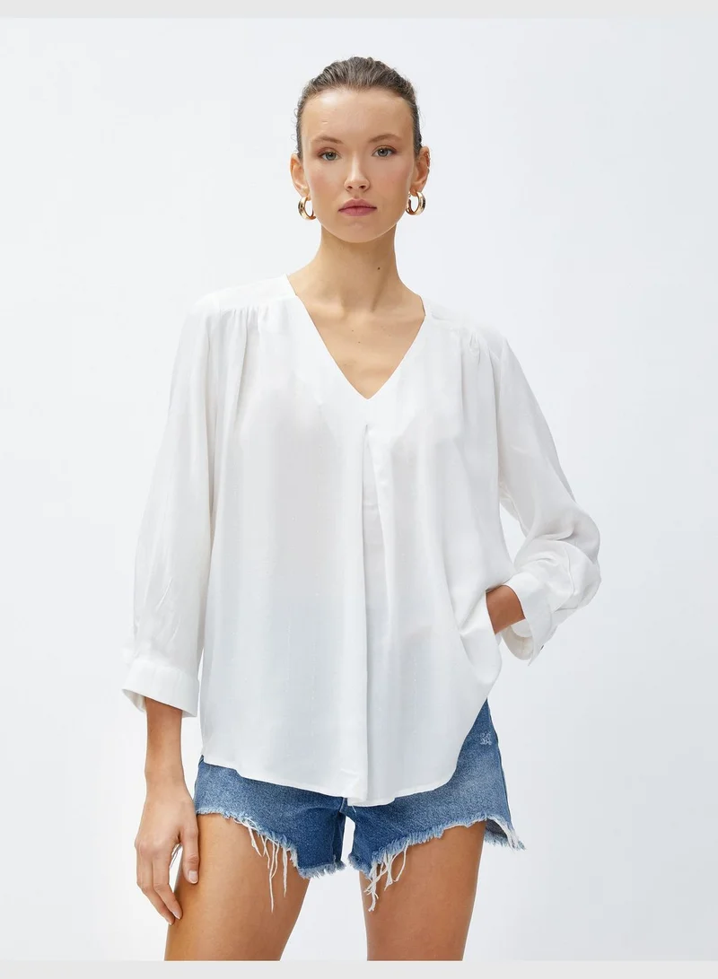 كوتون V Neck 3/4 Sleeve Viscose Blouse