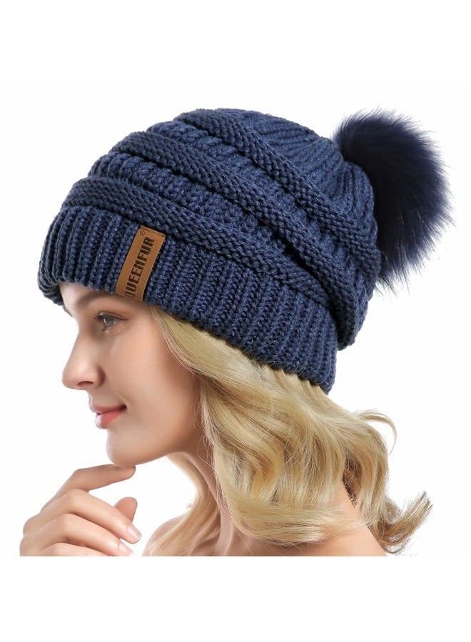 QUEENFUR Women Knit Slouchy Beanie Chunky Baggy Hat with Faux Fur Pompom Winter Soft Warm Ski Cap, E4-denim Blue, L - Image 3