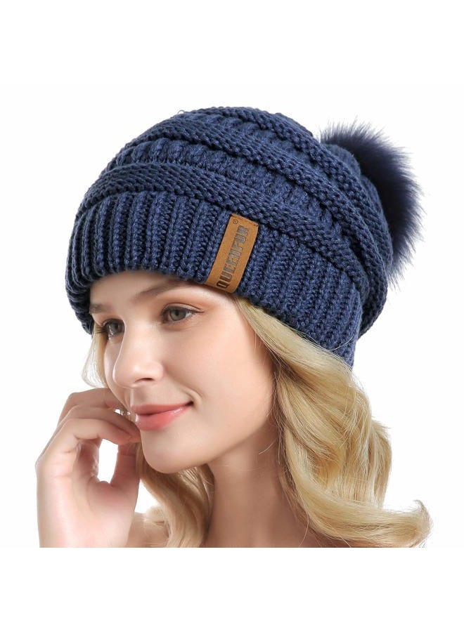 QUEENFUR Women Knit Slouchy Beanie Chunky Baggy Hat with Faux Fur Pompom Winter Soft Warm Ski Cap, E4-denim Blue, L - Image 2
