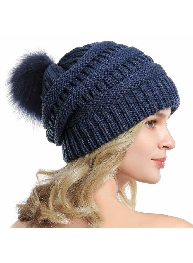 QUEENFUR Women Knit Slouchy Beanie Chunky Baggy Hat with Faux Fur Pompom Winter Soft Warm Ski Cap, E4-denim Blue, L - Image 4