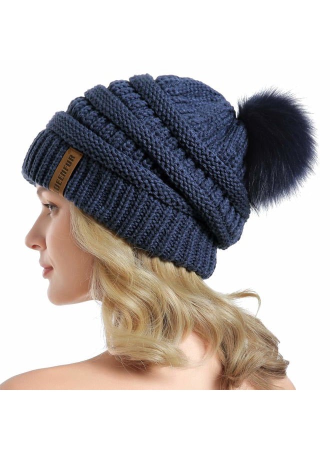 QUEENFUR Women Knit Slouchy Beanie Chunky Baggy Hat with Faux Fur Pompom Winter Soft Warm Ski Cap, E4-denim Blue, L - Image 1
