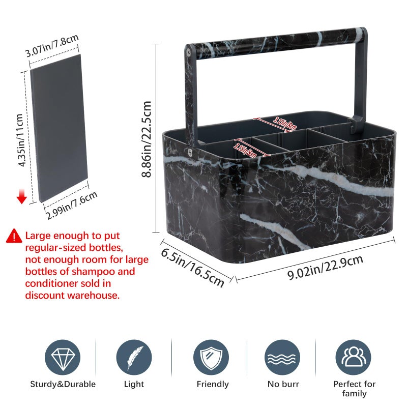 BYUNER Plastic Shower Caddy Dorm: Portable Bathroom Caddy Organizer for College with Handle and Adjustable Divider, Utility Hard Shower Basket Bath Tote for Toiletry, Shampoo, Soap (Black Marble) - Image 2