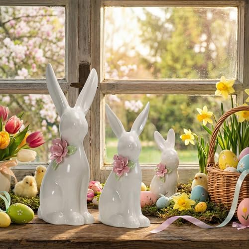FoldTier 3 Pcs Easter Ceramic Bunny Tabletop Figurine Decor Rabbit with Flower Sculpture Table Centerpiece Decoration Tabletop Decorative for Spring Easter Home Indoor Decor Holiday Party Supplies - Image 1