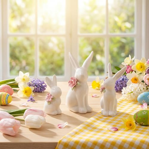 FoldTier 3 Pcs Easter Ceramic Bunny Tabletop Figurine Decor Rabbit with Flower Sculpture Table Centerpiece Decoration Tabletop Decorative for Spring Easter Home Indoor Decor Holiday Party Supplies - Image 3