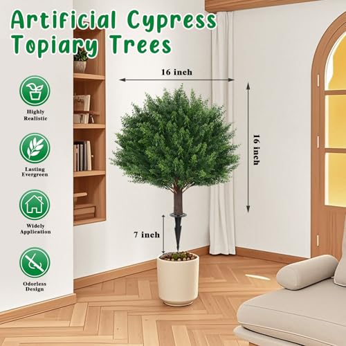 Grooy Artificial Cypress Topiary Tree with Ground Spike, Set of 2 Artificial Shrub Bushes, Fake Evergreen Tree for Porch, Artificial Plants for Outdoor Planters Indoor UV Resistant - Image 2