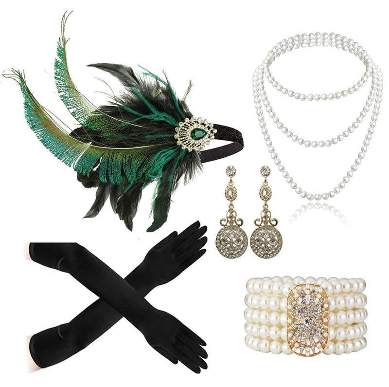 Cizoe 1920s Gatsby Accessories Set for Women Flapper Headband 20s Headpiece Necklace Gloves(set8) - Image 1