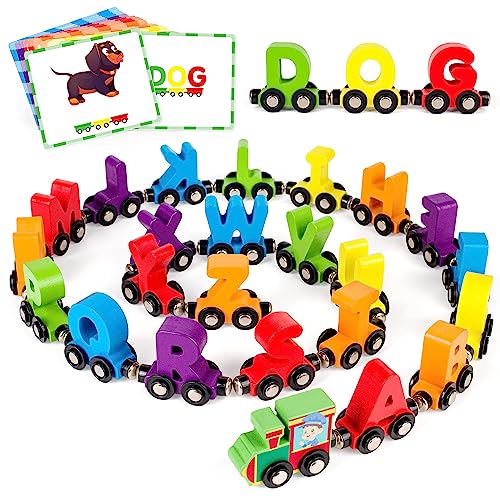 Vanmor 27 PCS Magnetic Wooden Alphabet Train Sets | ABC Letter Learning Toy Trains with 42 PCS Flash Cards, 1 Engine, 1 Storage Bag | Toddlers Kids Boys Girls Educational Toys for 3 4 5 6 7 Years Old - Image 1