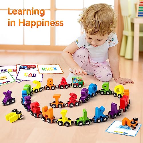 Vanmor 27 PCS Magnetic Wooden Alphabet Train Sets | ABC Letter Learning Toy Trains with 42 PCS Flash Cards, 1 Engine, 1 Storage Bag | Toddlers Kids Boys Girls Educational Toys for 3 4 5 6 7 Years Old - Image 3