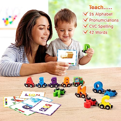 Vanmor 27 PCS Magnetic Wooden Alphabet Train Sets | ABC Letter Learning Toy Trains with 42 PCS Flash Cards, 1 Engine, 1 Storage Bag | Toddlers Kids Boys Girls Educational Toys for 3 4 5 6 7 Years Old - Image 4