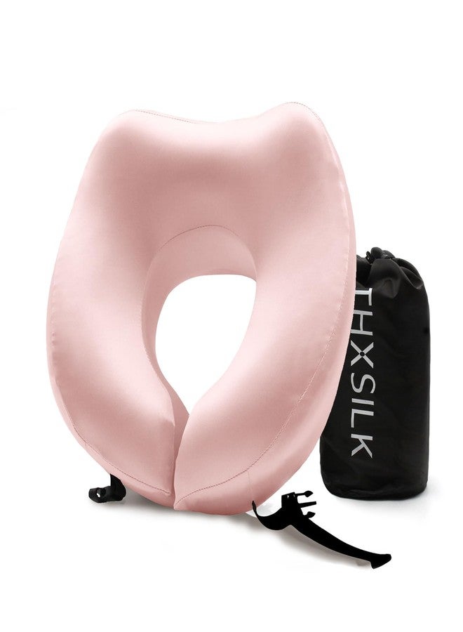 THXSILK 100% Mulberry Silk Neck Pillow for Traveling, Pure Memory Foam Travel Pillow for airplanes, Travel Neck Pillow for Sleeping, Head and Neck Support, neck pillow with Storage Bag (Charming Pink) - Image 1
