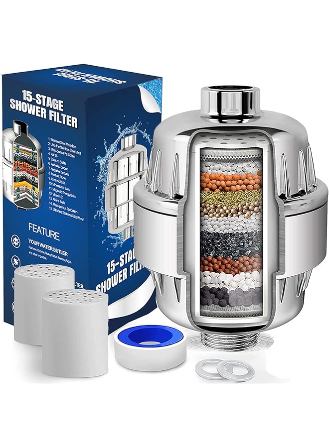 The Bros Professional 15 Stage Shower Filter Water Softener,Universal Replaceable Shower Head Water Purifier Hard Water Filter with 2 Filter Cartridges to Remove Chlorine for Kitchen, Bathroom - Image 1