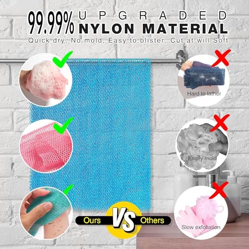 UJFQBH 3 Pieces African exfoliating net African Net Long Net Bath Sponge Exfoliating Shower Body Scrubber Back Scrubber Skin Smoother,Great for Daily Use (Pink, Blue, Green) - Image 2