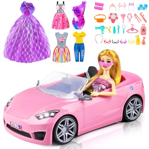 TQRAZ 76 Pcs Doll Convertible Car PlaysetIncluded 115 in DollCarPrincess DressesFashion DressesCasual ClothingSwimsuitsBagsShoesDoll PlaysetDoll Dress up Toys for Girls Kids Toddlers Gifts - Image 1