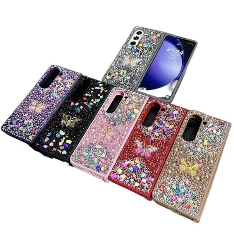 Drop Protection Acrylic for Samsung Galaxy Z Fold 6 with Pearl Butterfly Diamond and Sparkling Rhinestone in Pink - Image 2