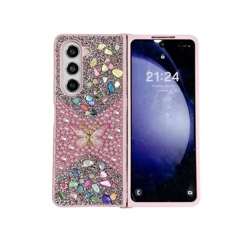 Drop Protection Acrylic for Samsung Galaxy Z Fold 6 with Pearl Butterfly Diamond and Sparkling Rhinestone in Pink - Image 1
