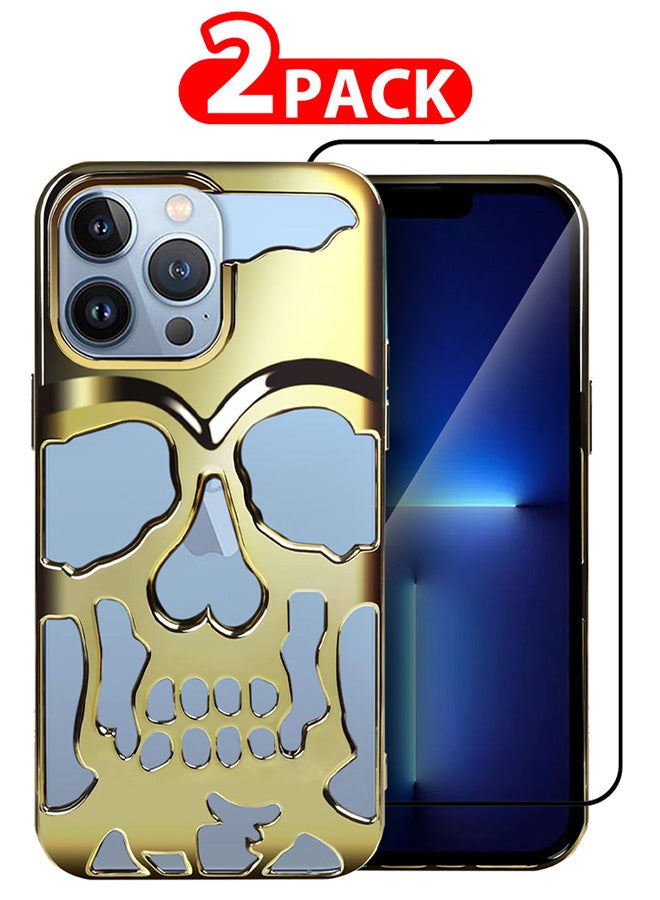 CATANES 2 Packs For iPhone 13 Pro Max Case and Screen Protector 3D Hollow Skull Breathable Phone Case Luxury Plating Colorful Matte Shockproof Cover Ultra Thin Full Surround Anti-Fall Case Gold - Image 1