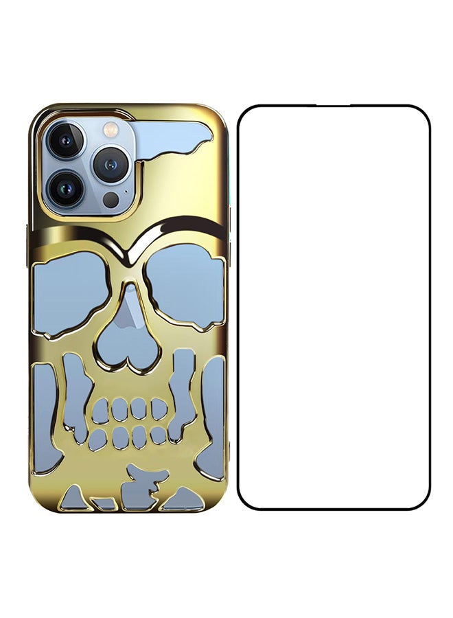 CATANES 2 Packs For iPhone 13 Pro Max Case and Screen Protector 3D Hollow Skull Breathable Phone Case Luxury Plating Colorful Matte Shockproof Cover Ultra Thin Full Surround Anti-Fall Case Gold - Image 2
