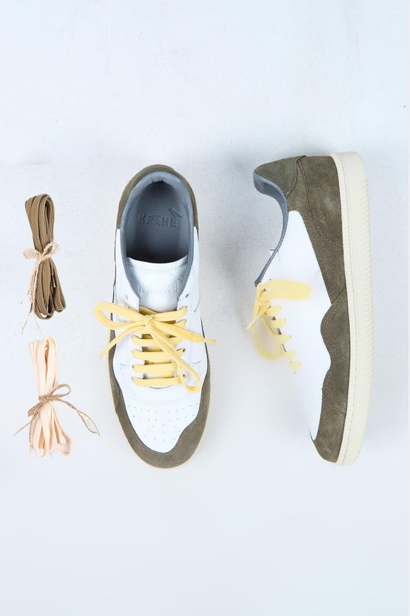 Krahe Artemis Men's Genuine Leather Hand-Painted Sneakers with Laces and Two Spare Laces, White-Khaki - Image 1