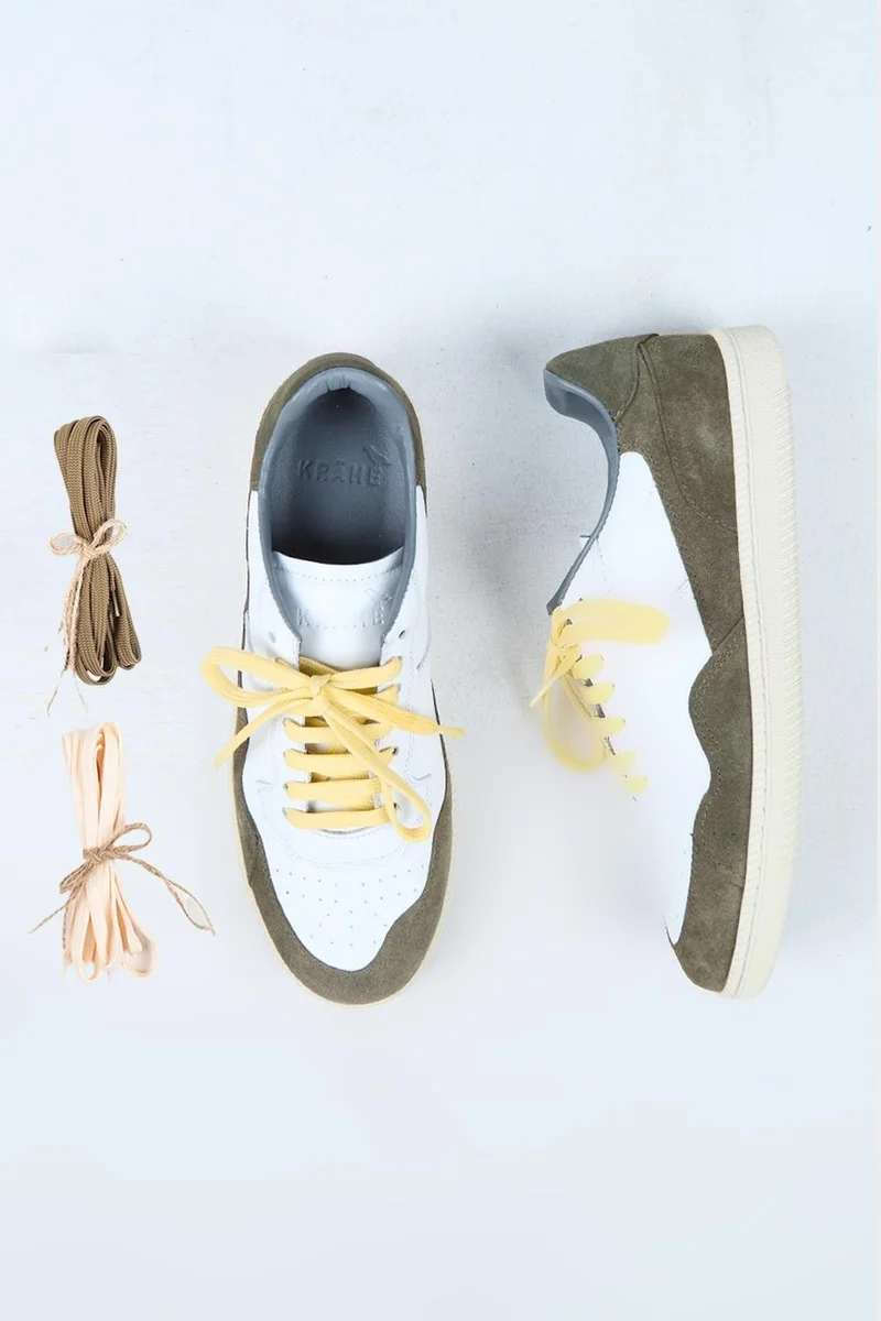 Krahe Krahe Artemis Men's Genuine Leather Hand-Painted Sneakers with Laces and Two Spare Laces, White-Khaki