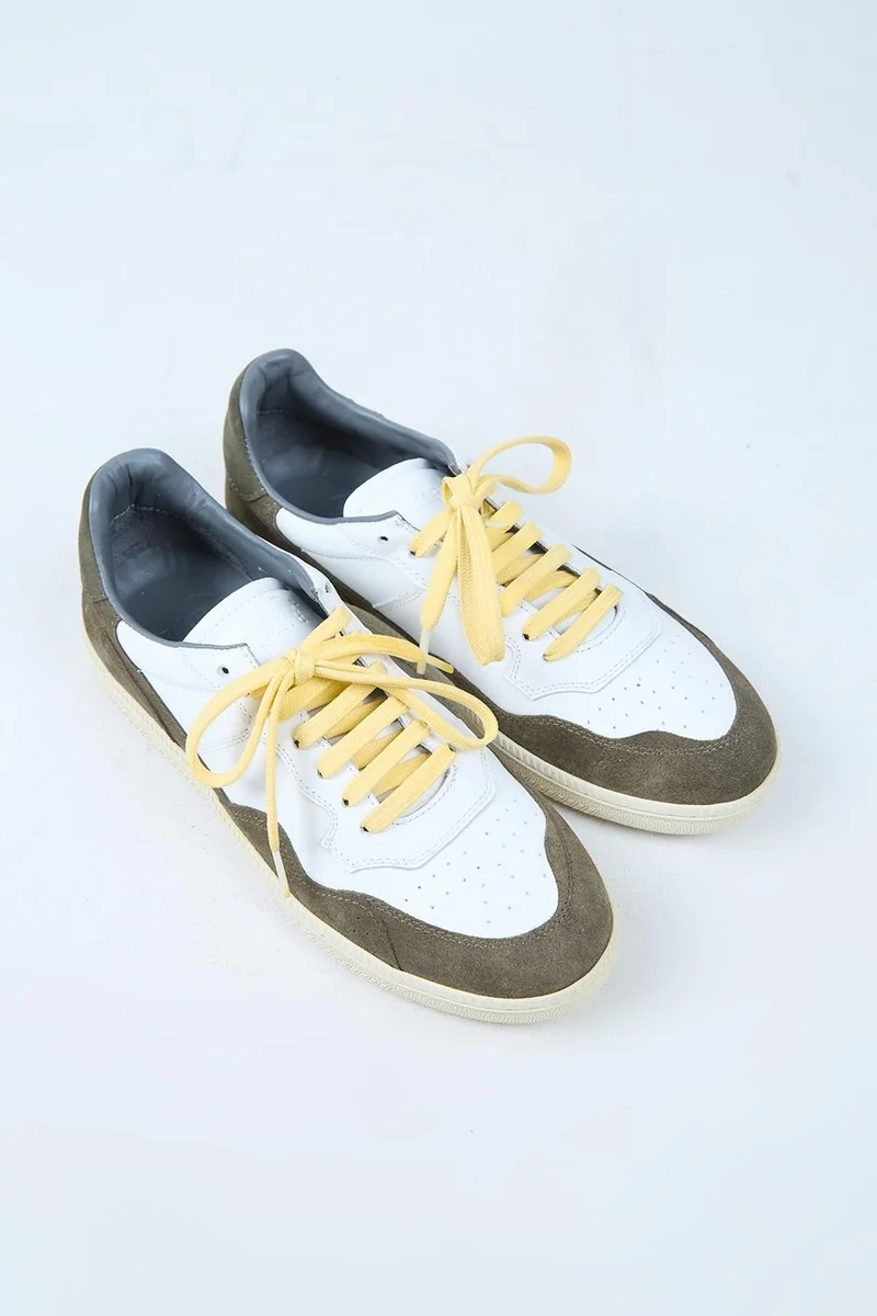 Krahe Krahe Artemis Men's Genuine Leather Hand-Painted Sneakers with Laces and Two Spare Laces, White-Khaki