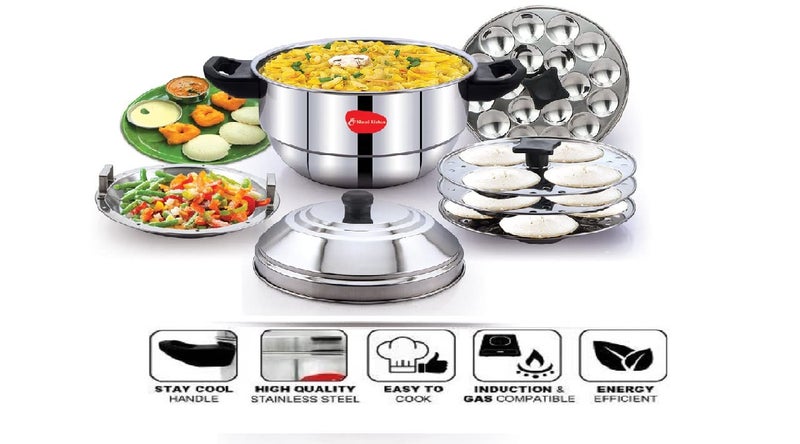 KLASSI KICHEN Stainless Steel Idli Cooker with 3 Plates & 1 Mini Idli Plate |Idli Steamer with Bakelite Handle |Gas Stove & Induction Compatible |Idli Dhokla & Modak Maker | Kitchen Accessories | Silver - Image 3