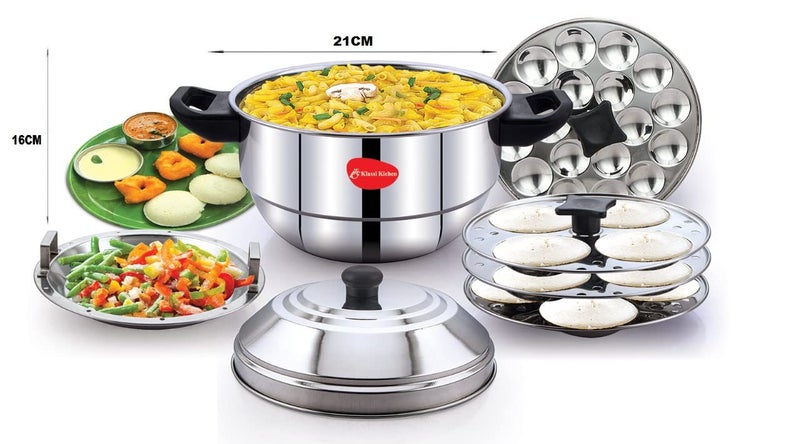 KLASSI KICHEN Stainless Steel Idli Cooker with 3 Plates & 1 Mini Idli Plate |Idli Steamer with Bakelite Handle |Gas Stove & Induction Compatible |Idli Dhokla & Modak Maker | Kitchen Accessories | Silver - Image 2