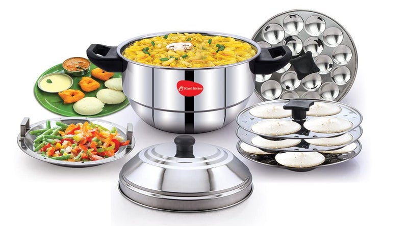 KLASSI KICHEN Stainless Steel Idli Cooker with 3 Plates & 1 Mini Idli Plate |Idli Steamer with Bakelite Handle |Gas Stove & Induction Compatible |Idli Dhokla & Modak Maker | Kitchen Accessories | Silver - Image 1