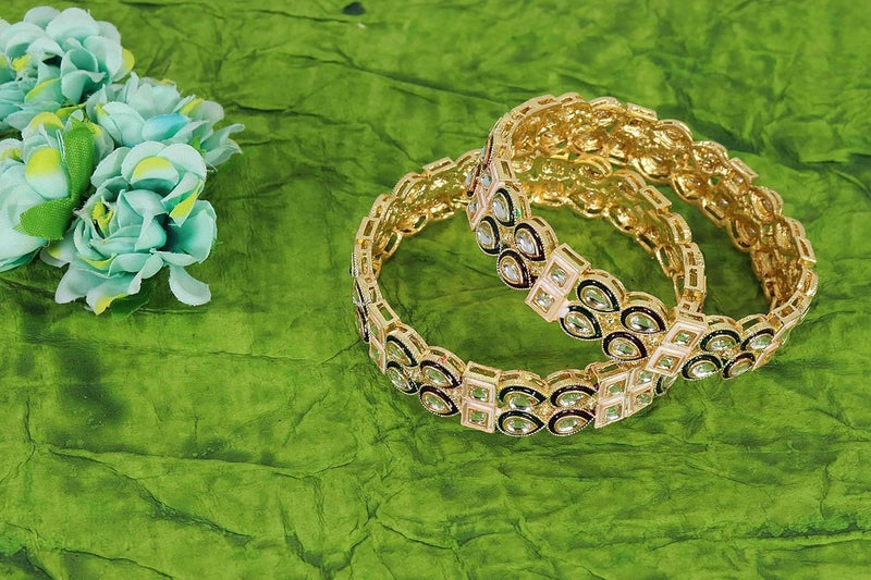 NMII Traditional Kundan Stone Work Metal Bangles For Women & Girls | Mirror Bangles | Bangles For Women Wedding, Party, Festival, Function | Women's Fashion Jewellery- Set of 2 Kada - Image 4