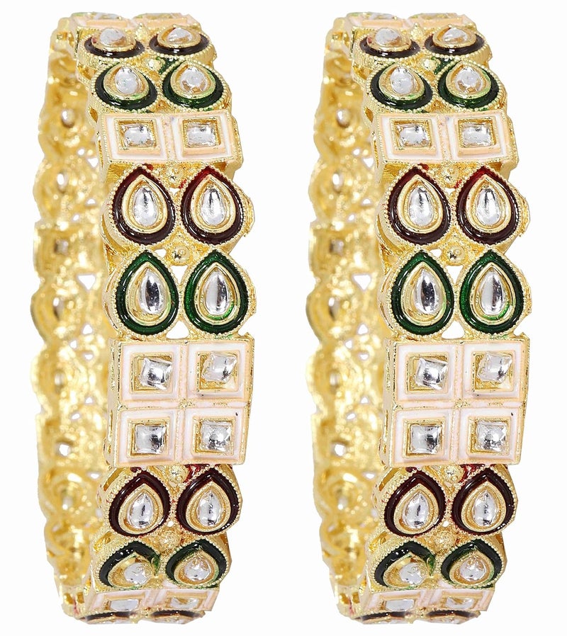 NMII Traditional Kundan Stone Work Metal Bangles For Women & Girls | Mirror Bangles | Bangles For Women Wedding, Party, Festival, Function | Women's Fashion Jewellery- Set of 2 Kada - Image 1