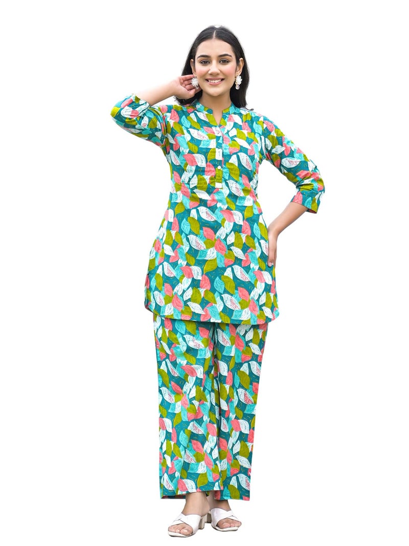 SHIFORY Blue Cotton Kurti Palazzo Set for Women, Round Neck, 3/4 Sleeves, Printed Casual Straight Fit Co-ord Set, Comfortable & Stylish - Image 1