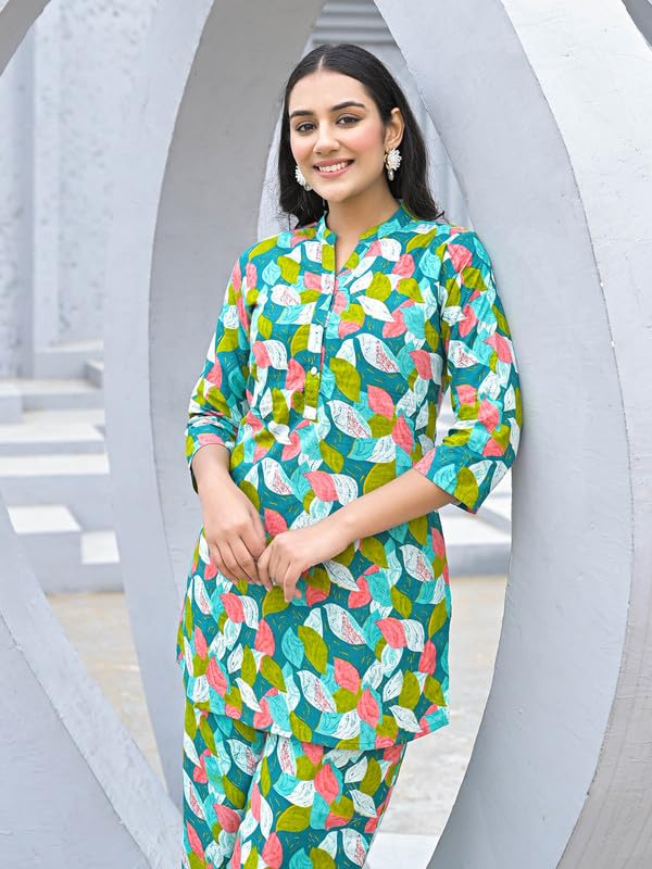 SHIFORY Blue Cotton Kurti Palazzo Set for Women, Round Neck, 3/4 Sleeves, Printed Casual Straight Fit Co-ord Set, Comfortable & Stylish - Image 4