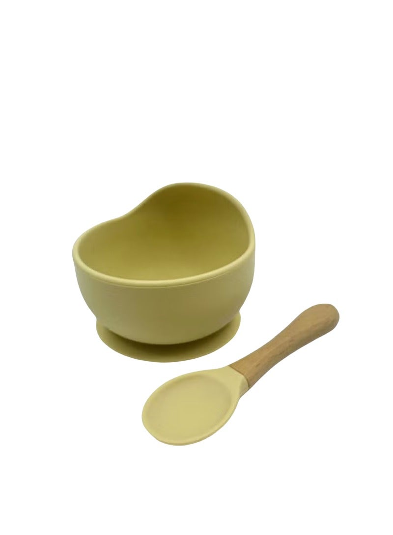 Quality Silicone Baby Suction Bowl, Microwave Safe to 200°C, Freezer Safe to -20°C, With a Wooden-handled Spoo，Beige