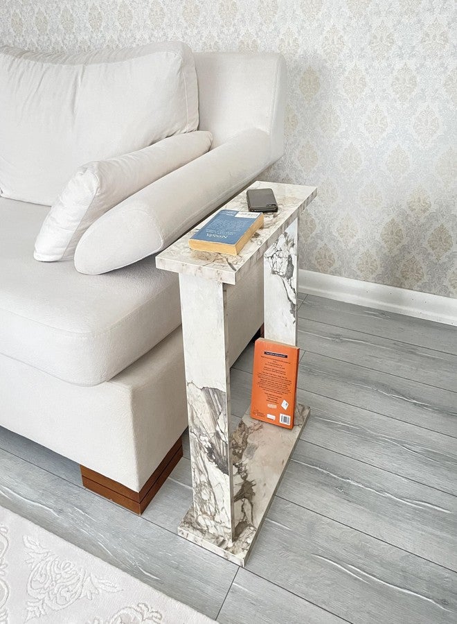 Furpinea Very Narrow Side Table for Living Room, Small Apartment Space Between Chairs Skinny Table for Recliner, Couch, Armchair, Thin Slim End Table for Living Room, Bedroom, Beverages (White Marble) - Image 2
