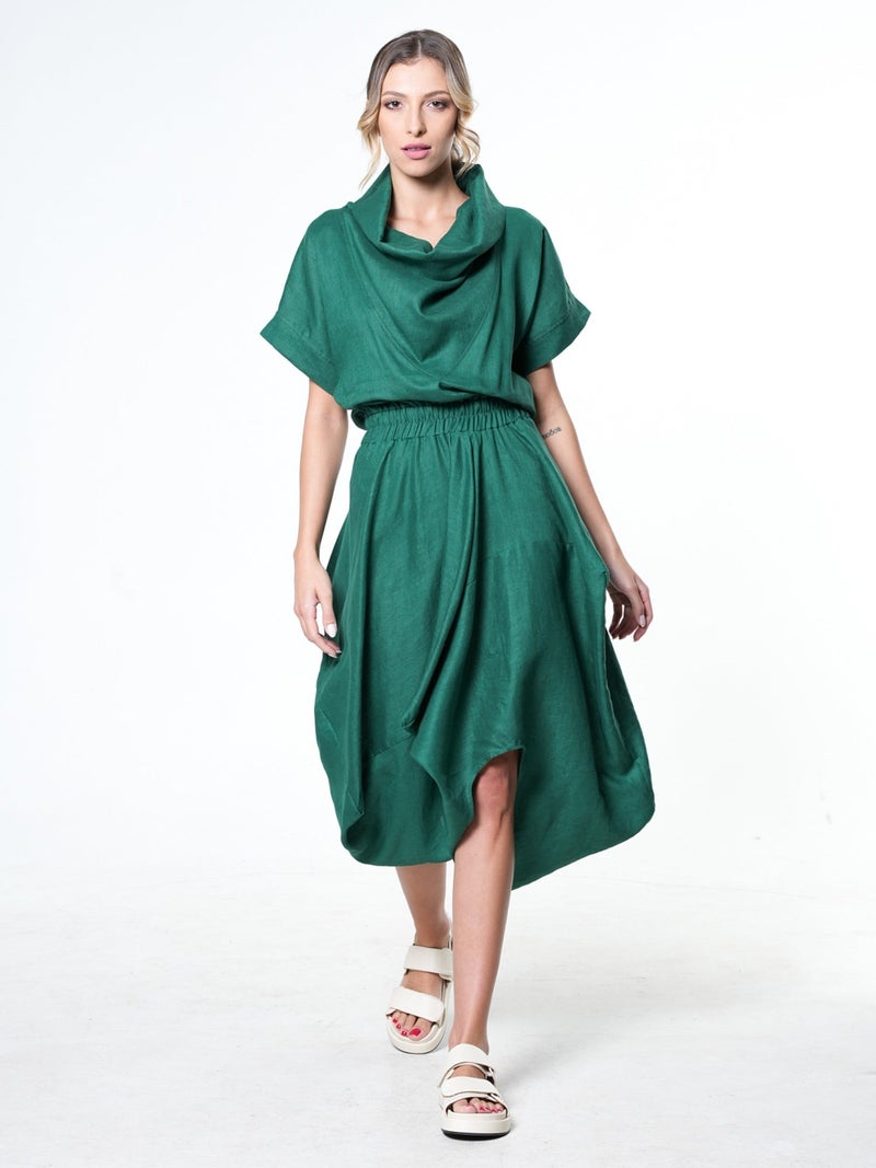 Metamorphoza Cowl Neck Linen Dress In Green - Image 1