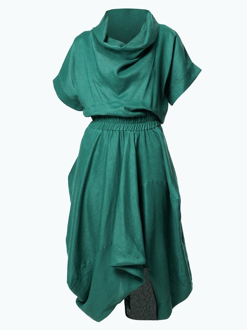 Metamorphoza Cowl Neck Linen Dress In Green - Image 2