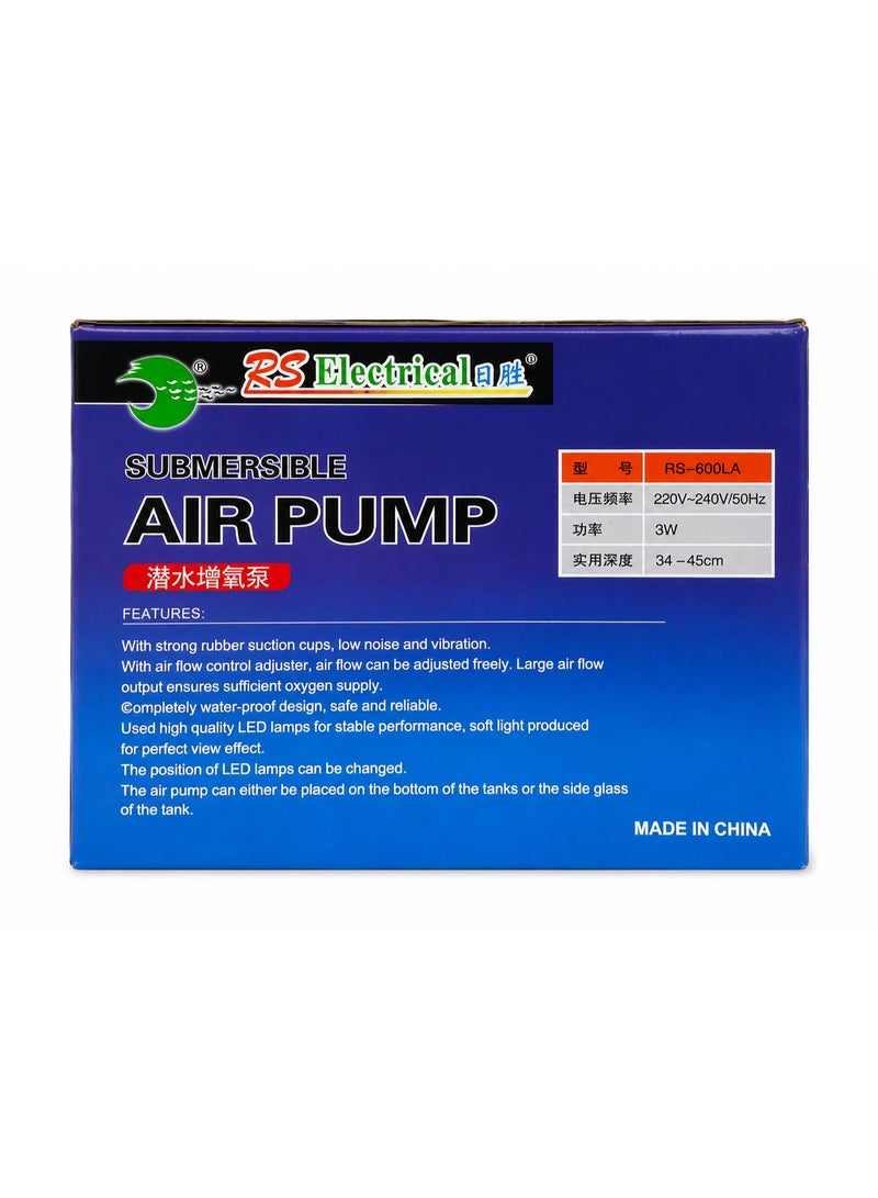 Submersible Aquarium Air Pump 3W with LED Light & Adjustable Airflow – Quiet Oxygen Pump for Fish Tanks, Fully Waterproof, RS-600LA, 220-240V - Image 3
