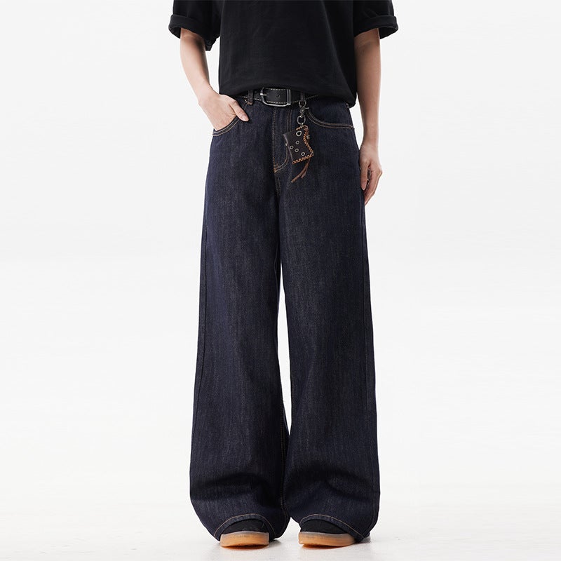 American Style Retro Deep Baking Black Blue Wide Leg Jeans Men And Women Loose Casual Straight Cleanfit Casual Trousers - Image 3