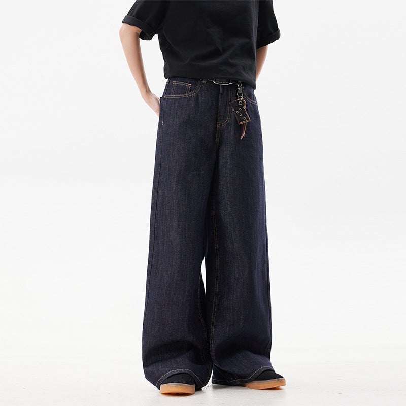 American Style Retro Deep Baking Black Blue Wide Leg Jeans Men And Women Loose Casual Straight Cleanfit Casual Trousers - Image 1